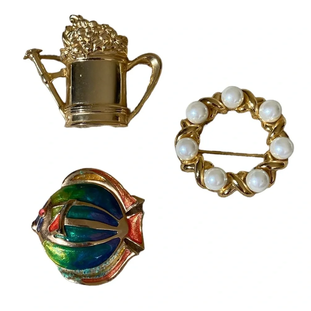 Set of 3 Gold Tone Brooches- Watering Can, Angelfish, Pearl X&O’s. 1.5” diameter